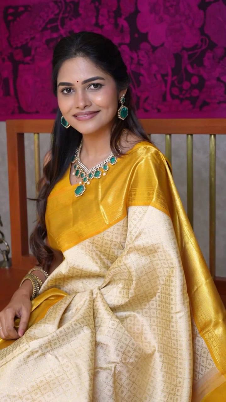 Cream Yellow Colour Lichi Silk Designer Jacquard Weaving Saree