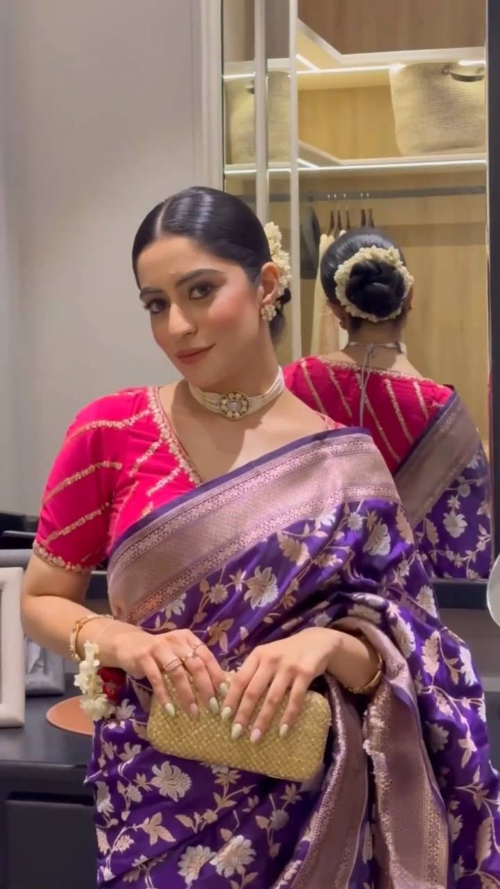 Purple Colour Jacquard Weaving Lichi Silk Wedding Wear Saree With Beautiful Zalar