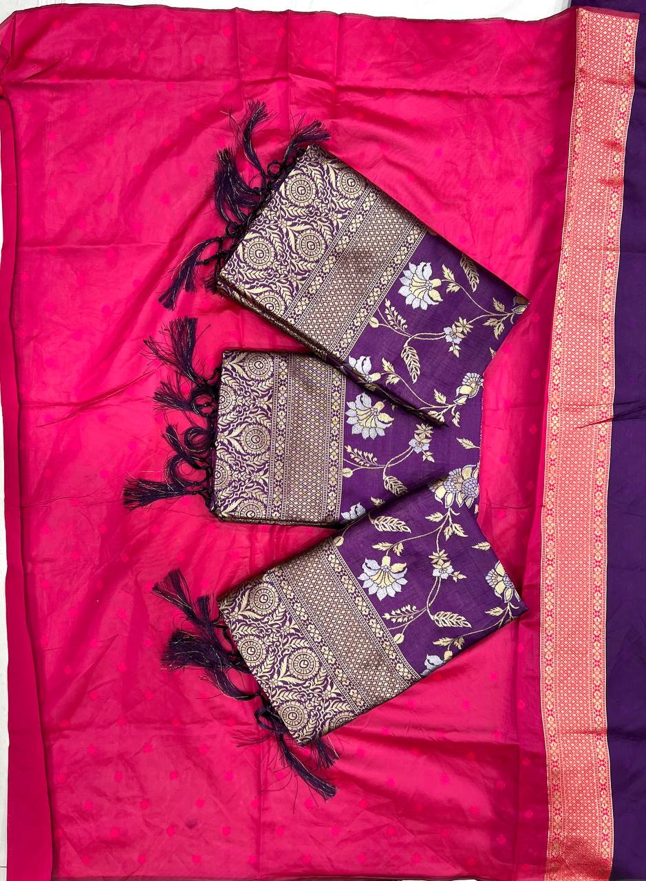 Purple Colour Jacquard Weaving Lichi Silk Wedding Wear Saree With Beautiful Zalar
