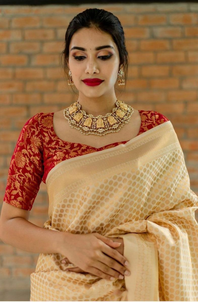 Beige Colour Soft Lichi Silk Saree With Contrast Heavy Brocade Blouse