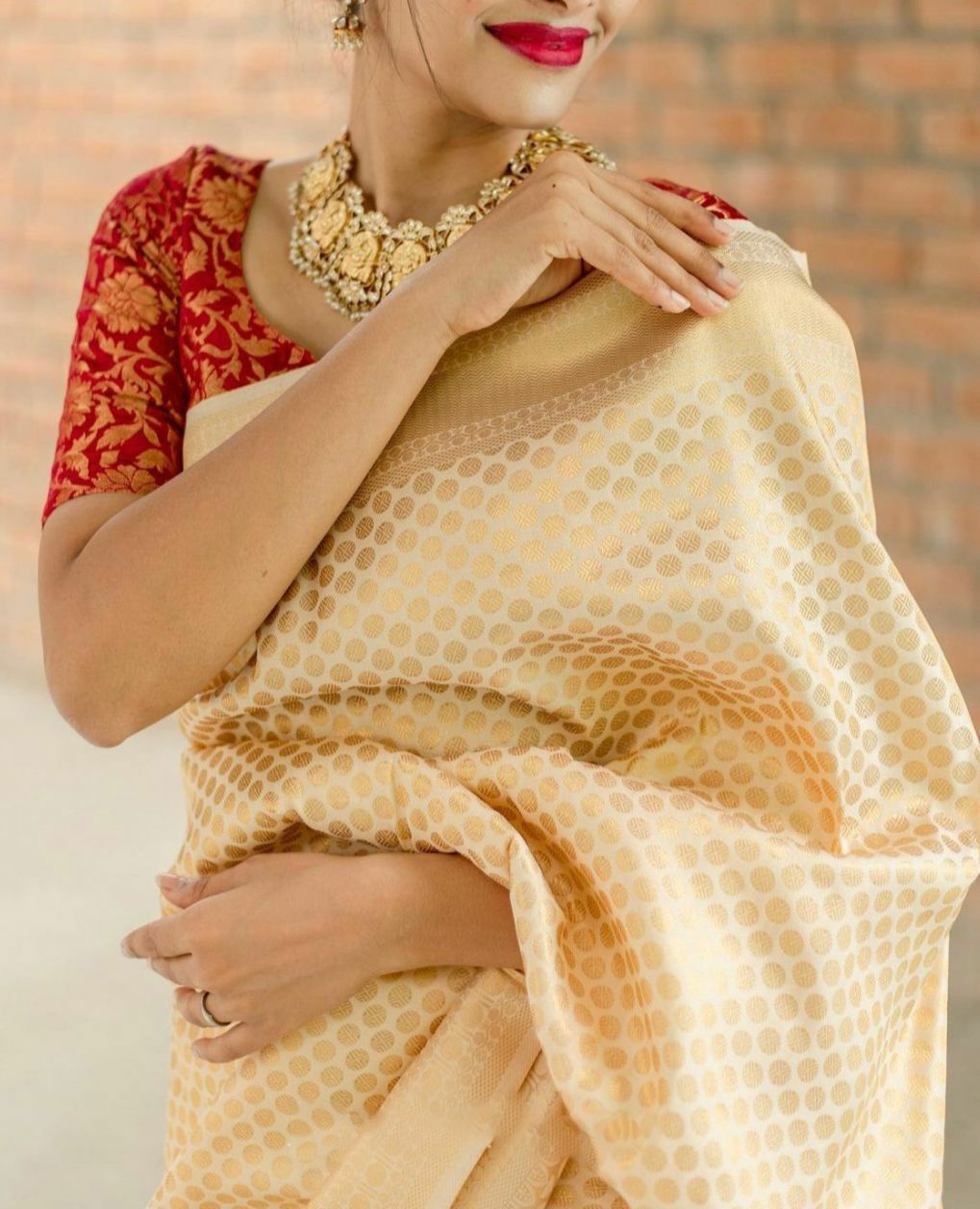 Beige Colour Soft Lichi Silk Saree With Contrast Heavy Brocade Blouse