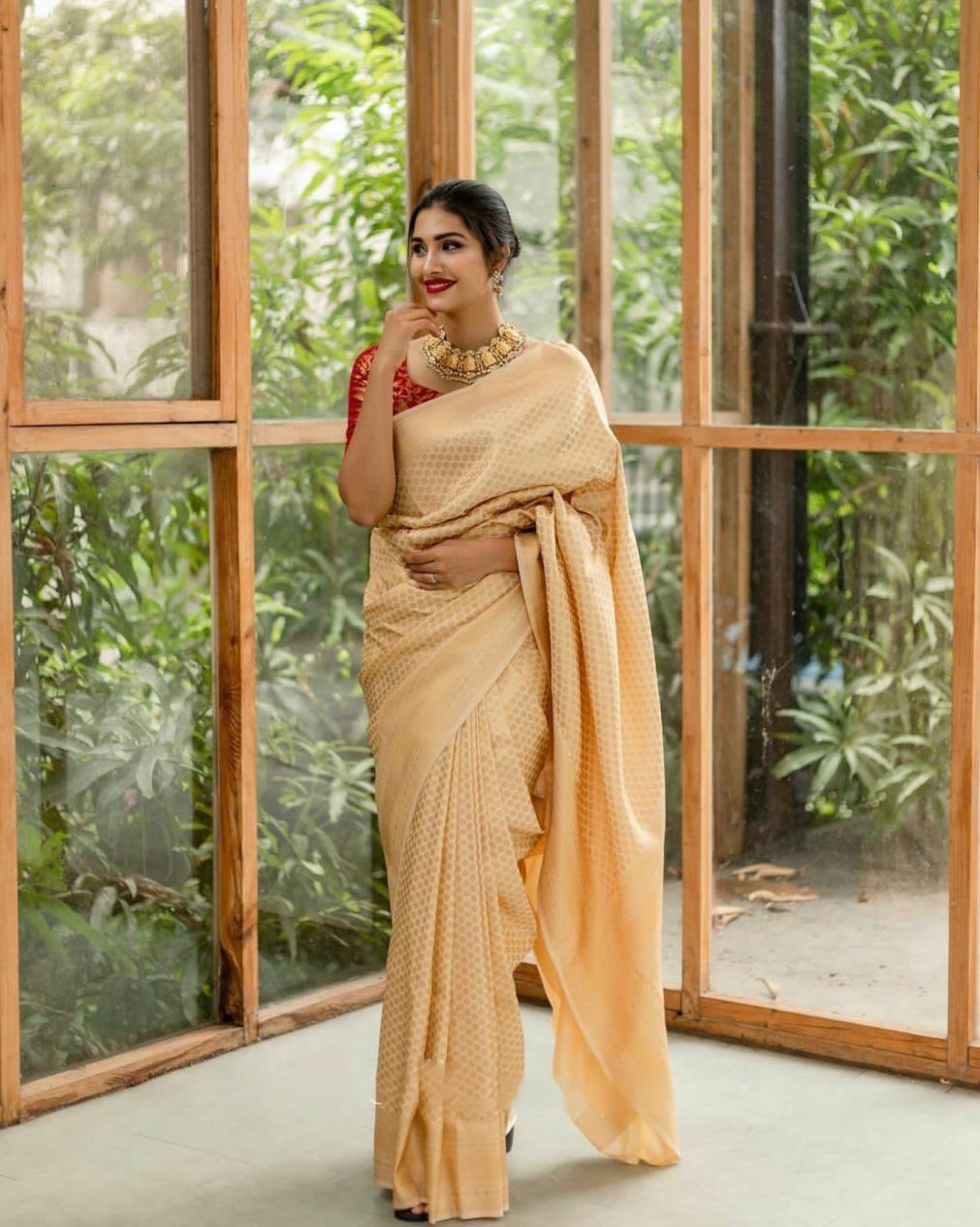 Beige Colour Soft Lichi Silk Saree With Contrast Heavy Brocade Blouse
