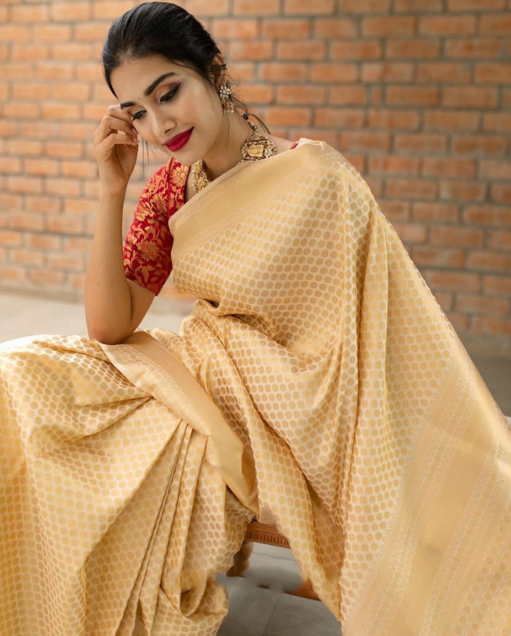 Beige Colour Soft Lichi Silk Saree With Contrast Heavy Brocade Blouse