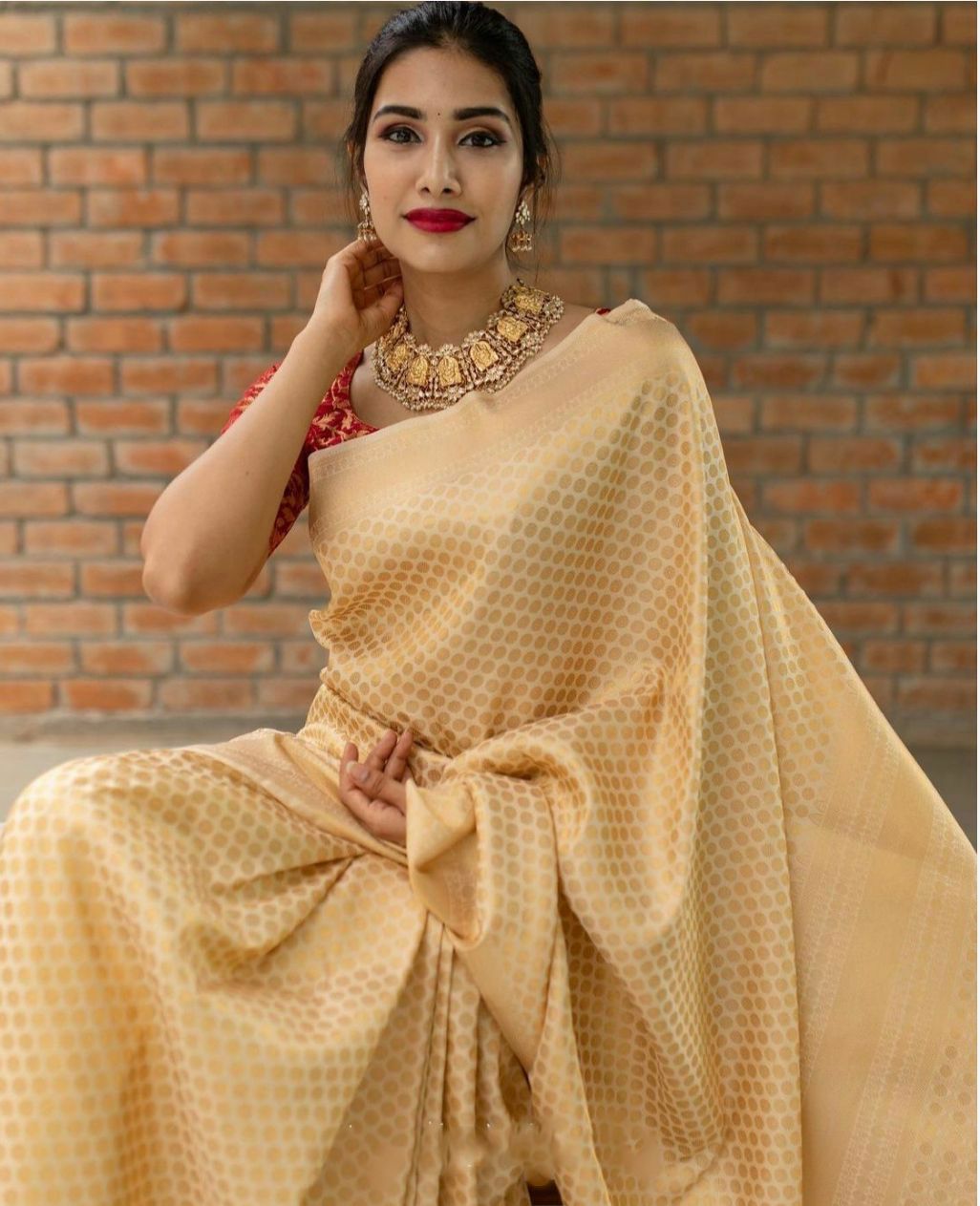 Beige Colour Soft Lichi Silk Saree With Contrast Heavy Brocade Blouse