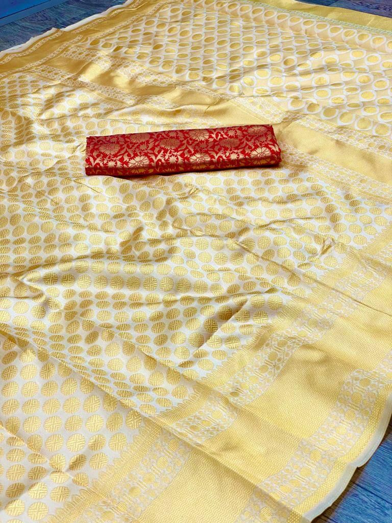 Beige Colour Soft Lichi Silk Saree With Contrast Heavy Brocade Blouse