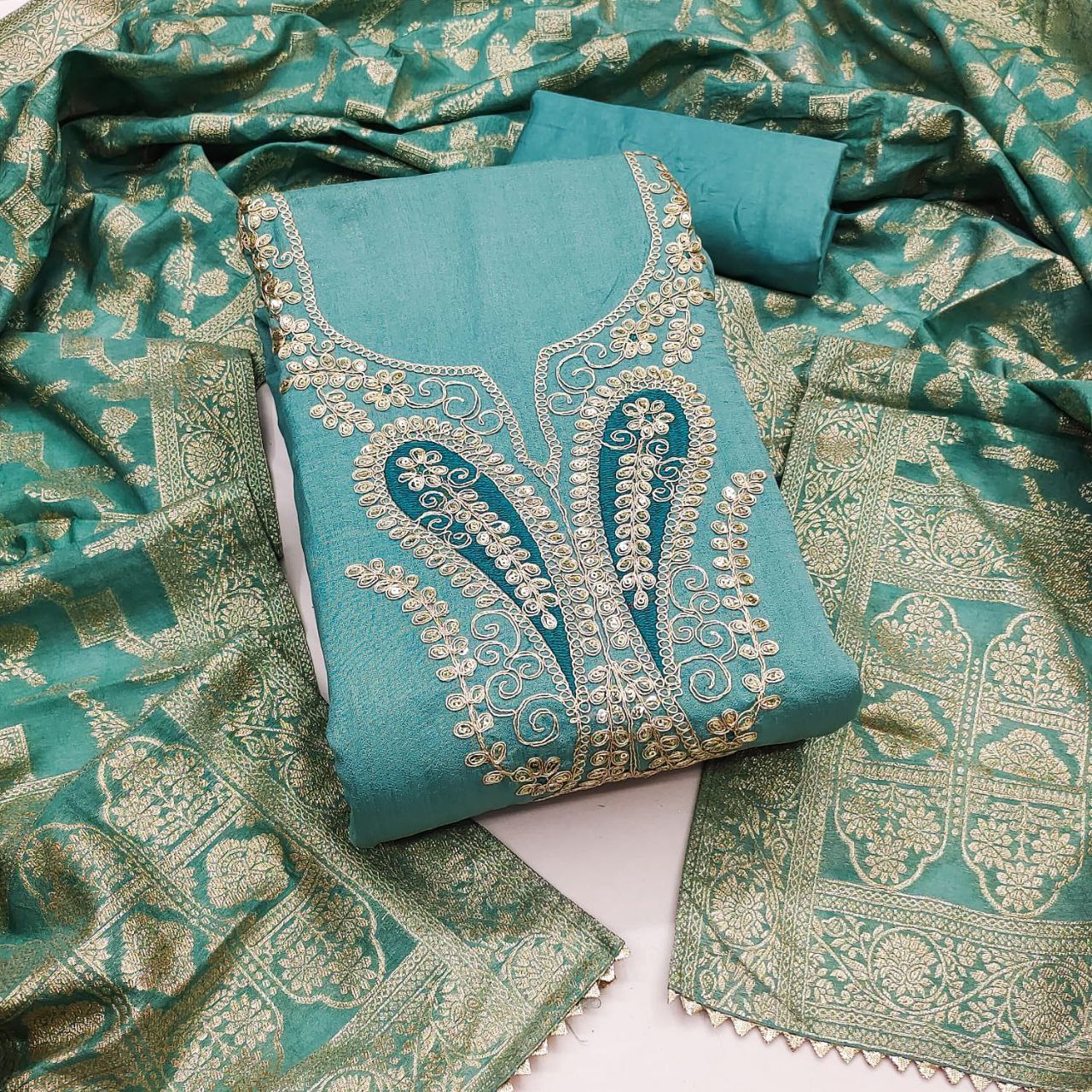 Vichitra Silk Embroidary Work Party Wear Dress Material