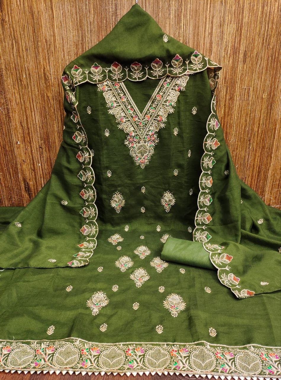 Vichitra Silk Embroidary Work Dress Material With Embroidary Work Duppata