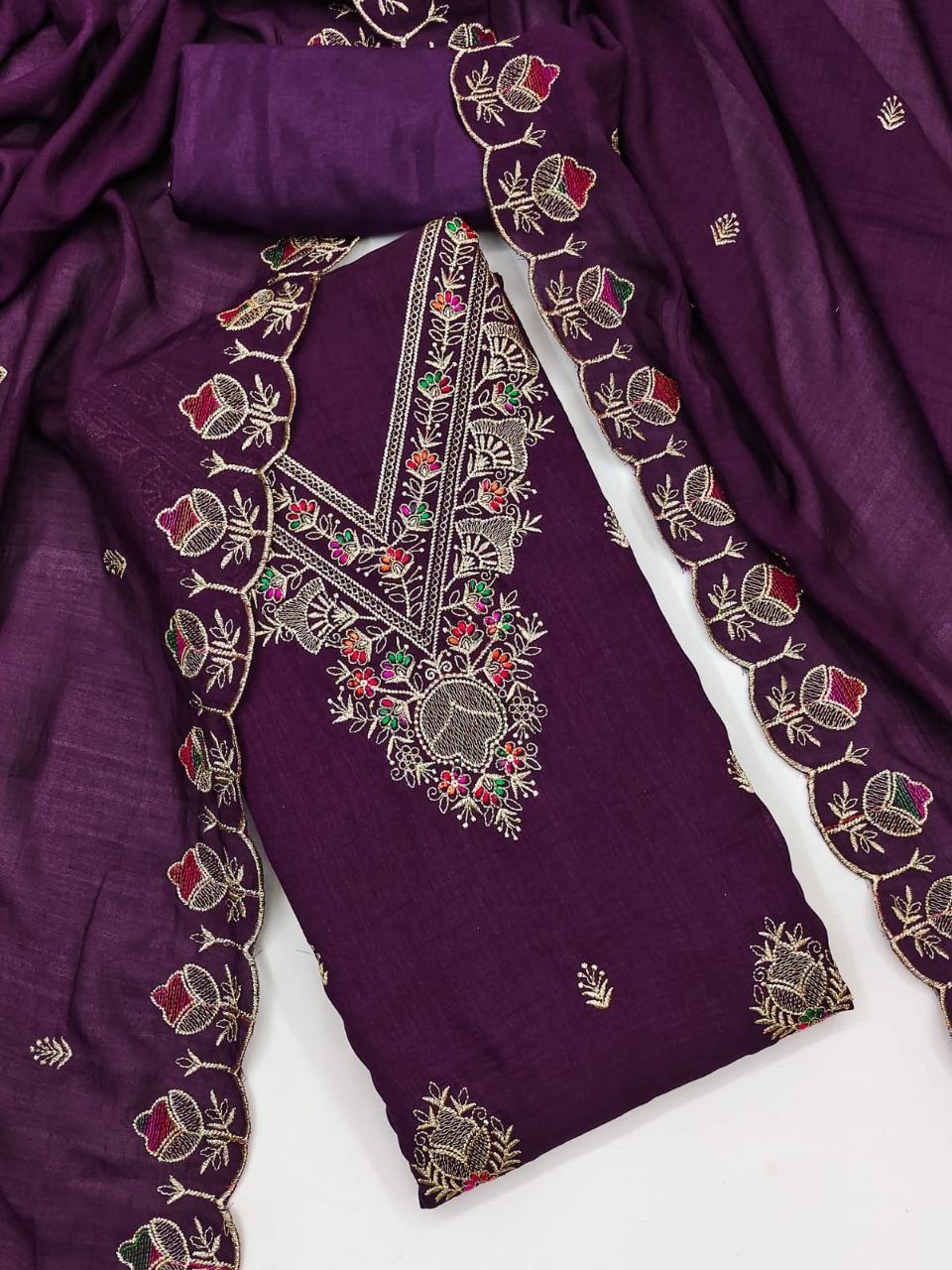 Vichitra Silk Embroidary Work Dress Material With Embroidary Work Duppata
