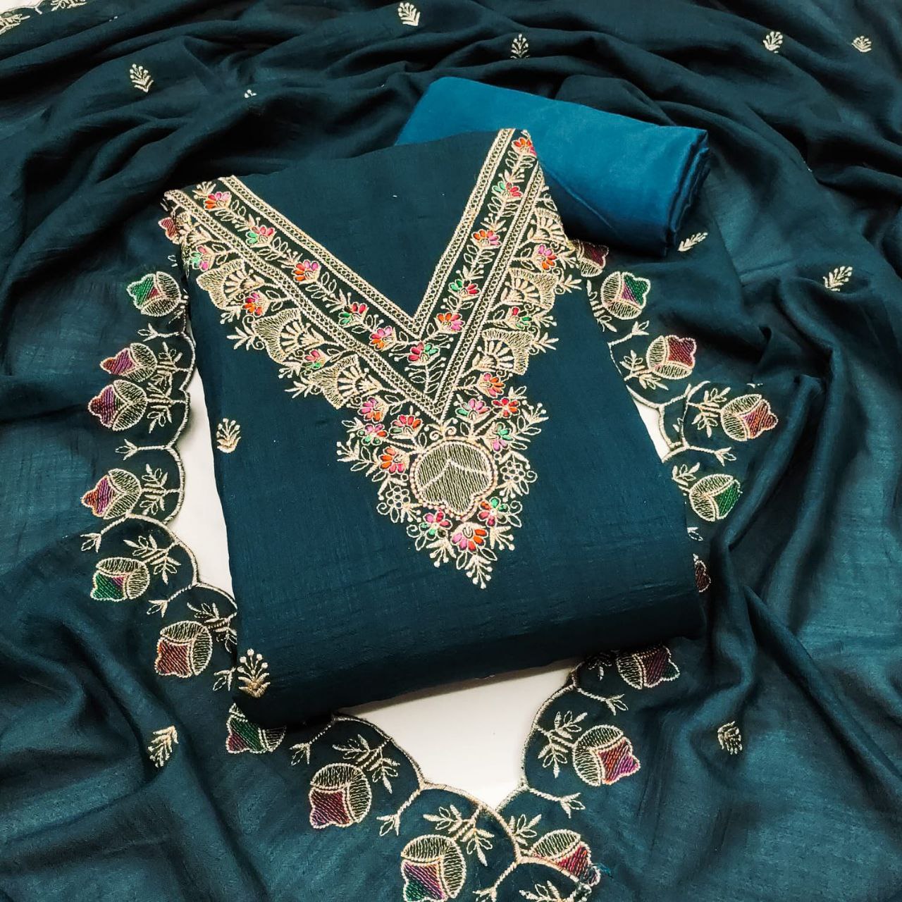 Vichitra Silk Embroidary Work Dress Material With Embroidary Work Duppata