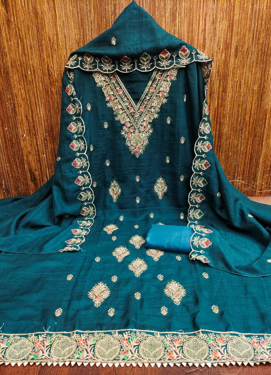 Vichitra Silk Embroidary Work Dress Material With Embroidary Work Duppata