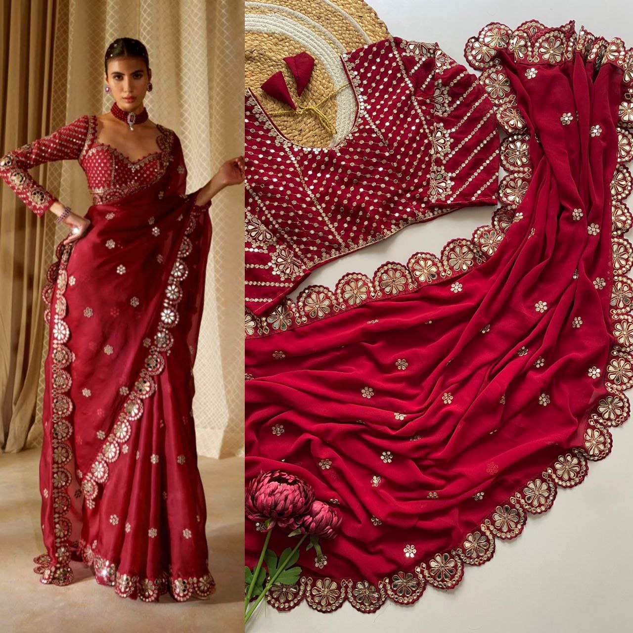 Stitched Blouse With Real Mirror Work Georgette Saree