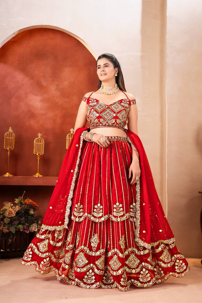 Classical Red Georgette Embroidered Sequence Designer Bridal Wear Lehenga Choli With Dupatta