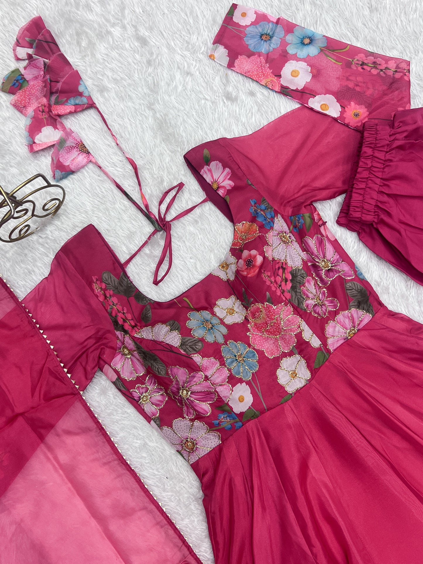 Pink Color Organza Silk Print Fully Stitched Frock Style Suit Set