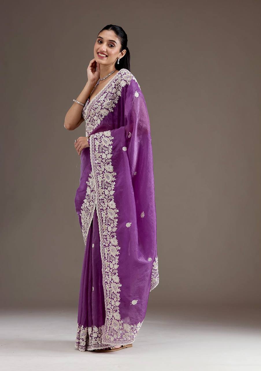 Purple Color Silk Embroidered Saree Blouse