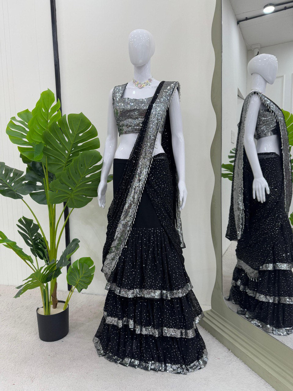 Black Color Georgette Silve Sequence Ready to Wear Saree