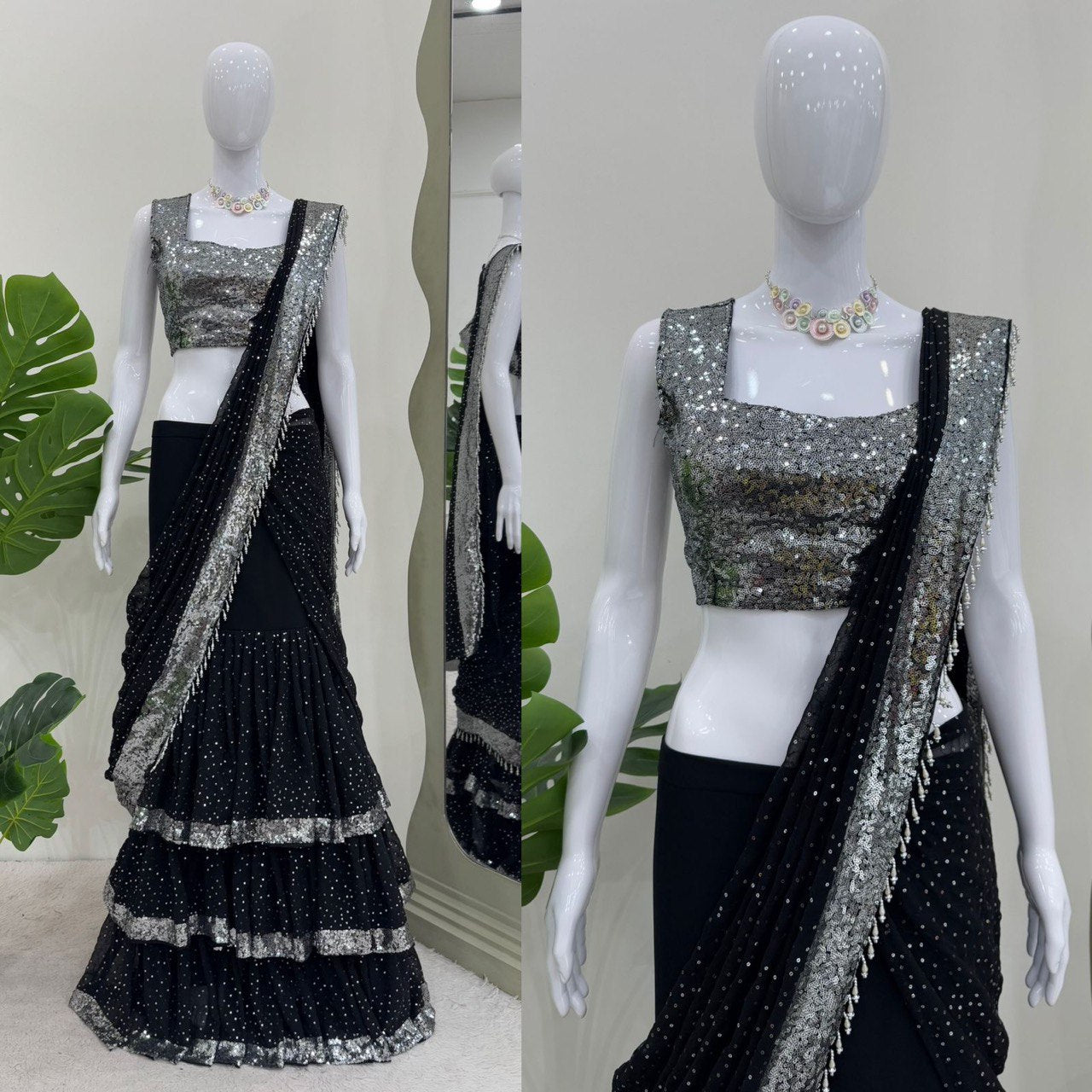 Black Color Georgette Silve Sequence Ready to Wear Saree