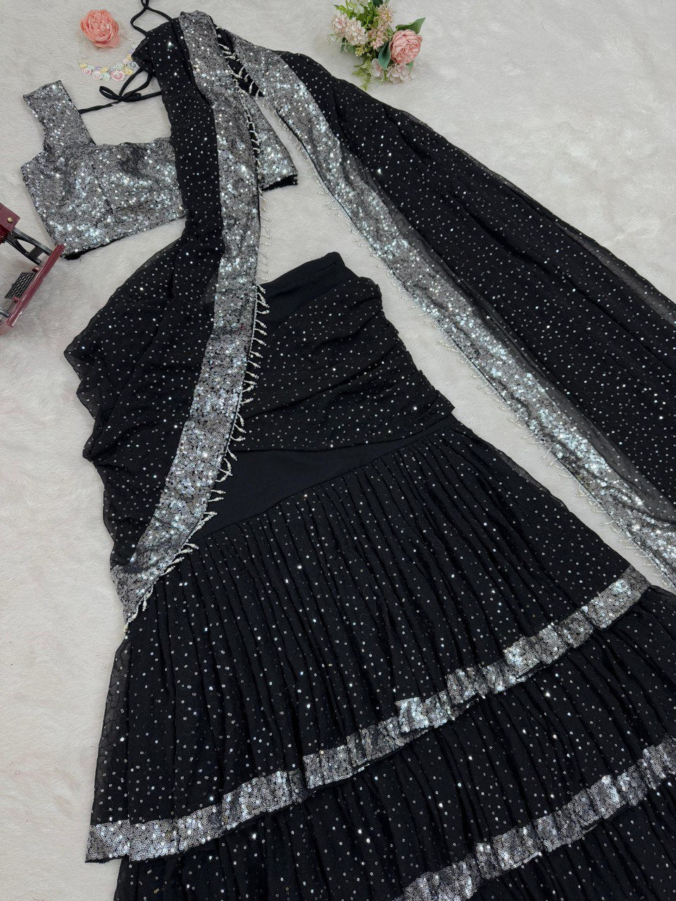 Black Color Georgette Silve Sequence Ready to Wear Saree