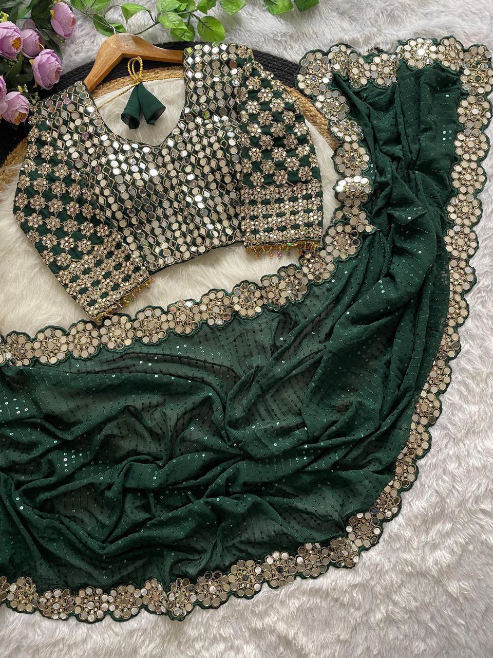 Real Mirror Work Georgette Saree with Stitched Blouse