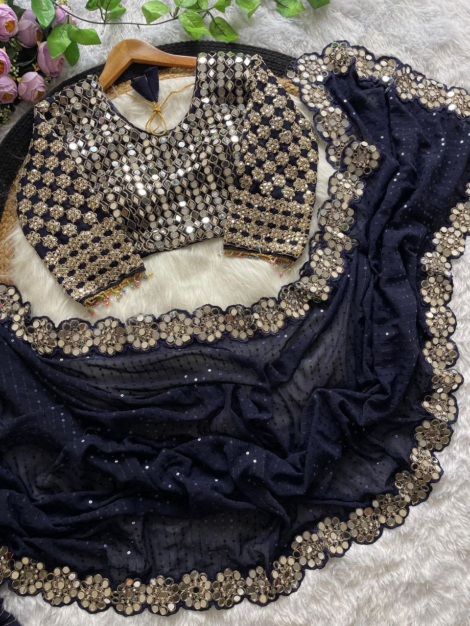 Real Mirror Work Georgette Saree with Stitched Blouse