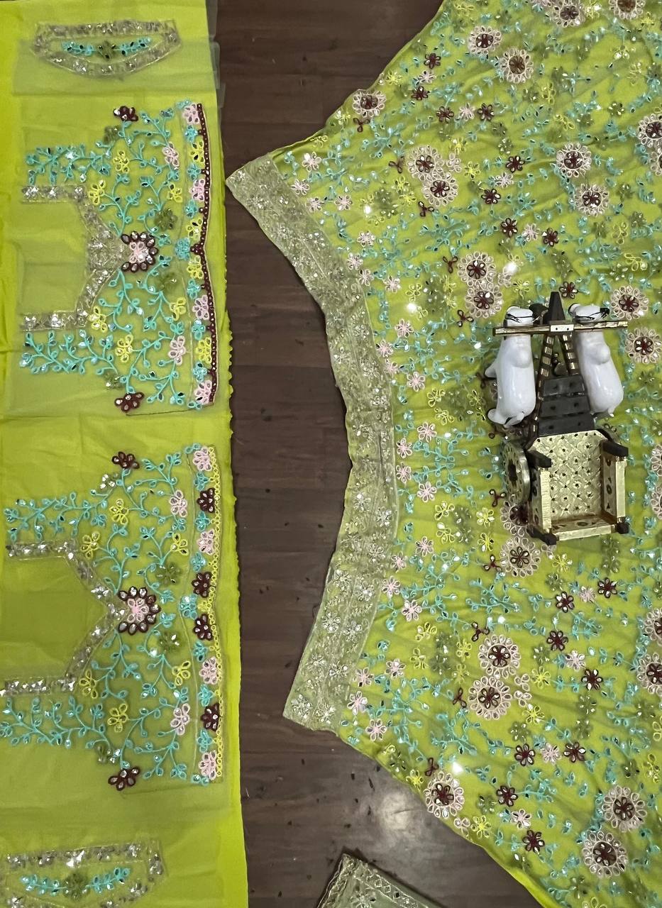 Green Color Soft Net Real Mirror Work Mehndi Wear Lehenga