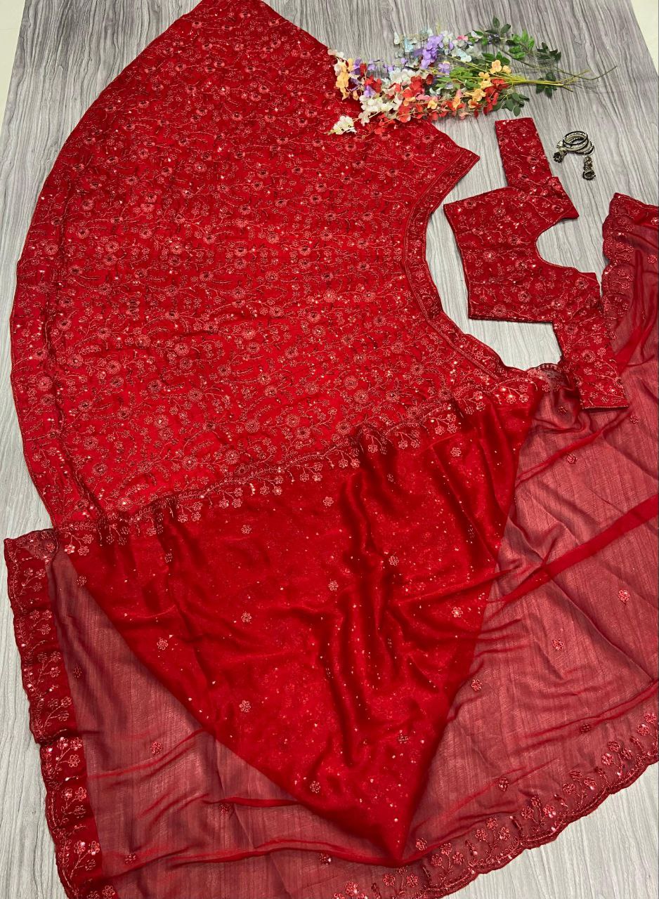 Red Colour Vichitra Silk Embroidery Sequence Design Work Lehenga Choli