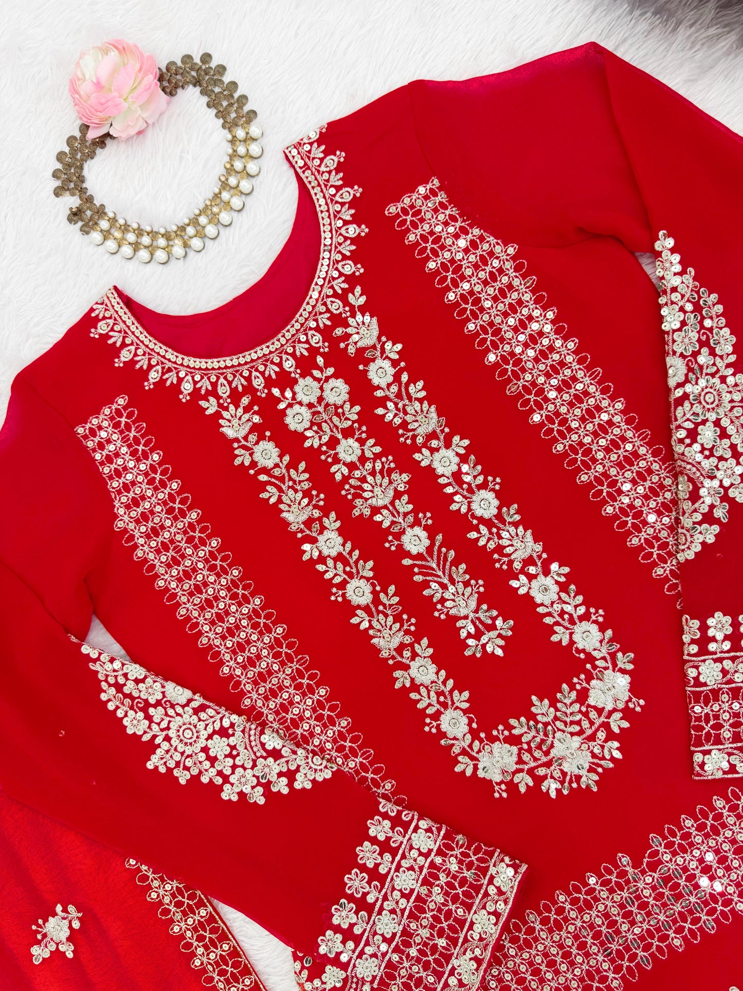 Red Georgette Fully Stitched Plazo Suit Set