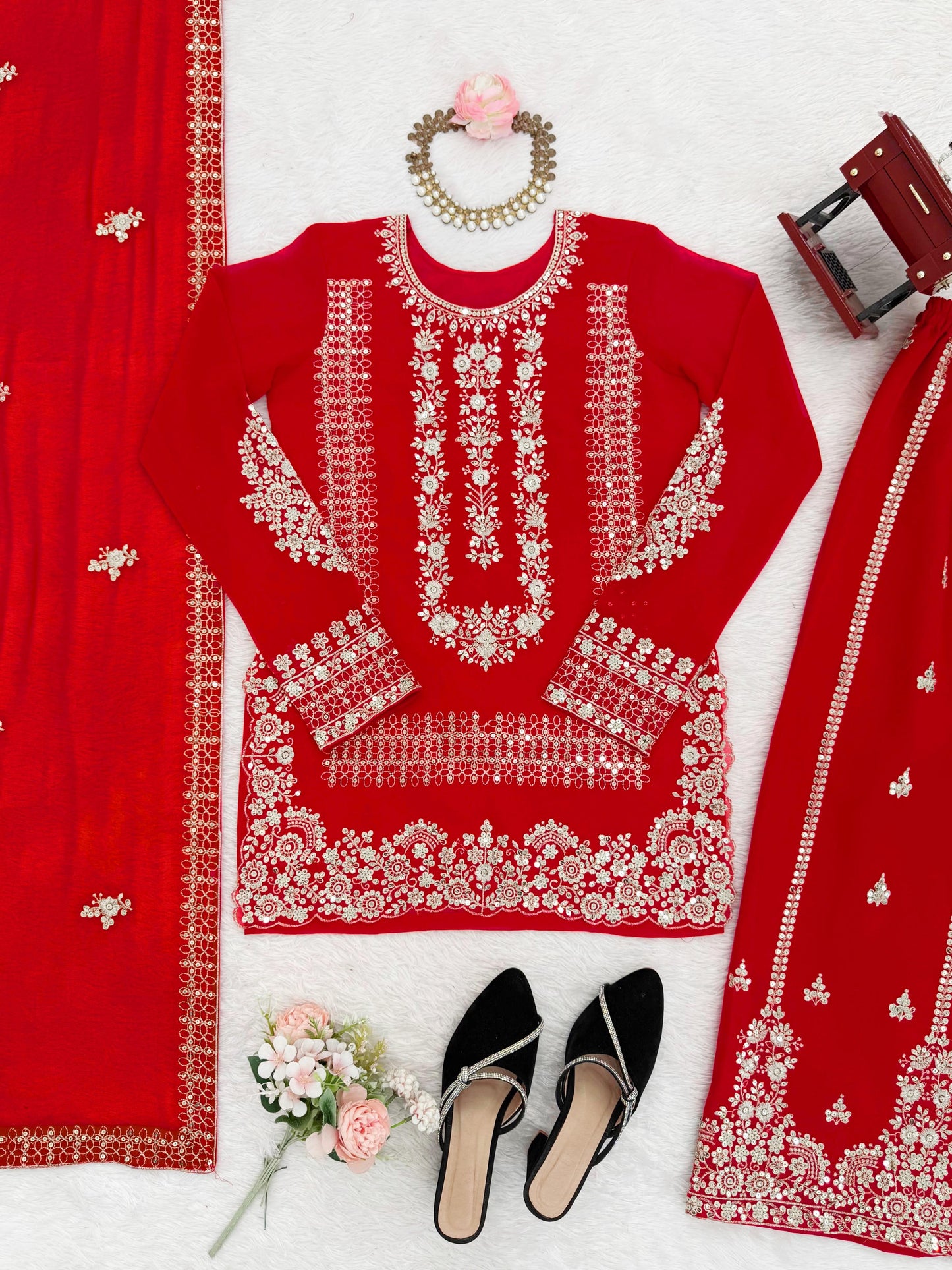 Red Georgette Fully Stitched Plazo Suit Set