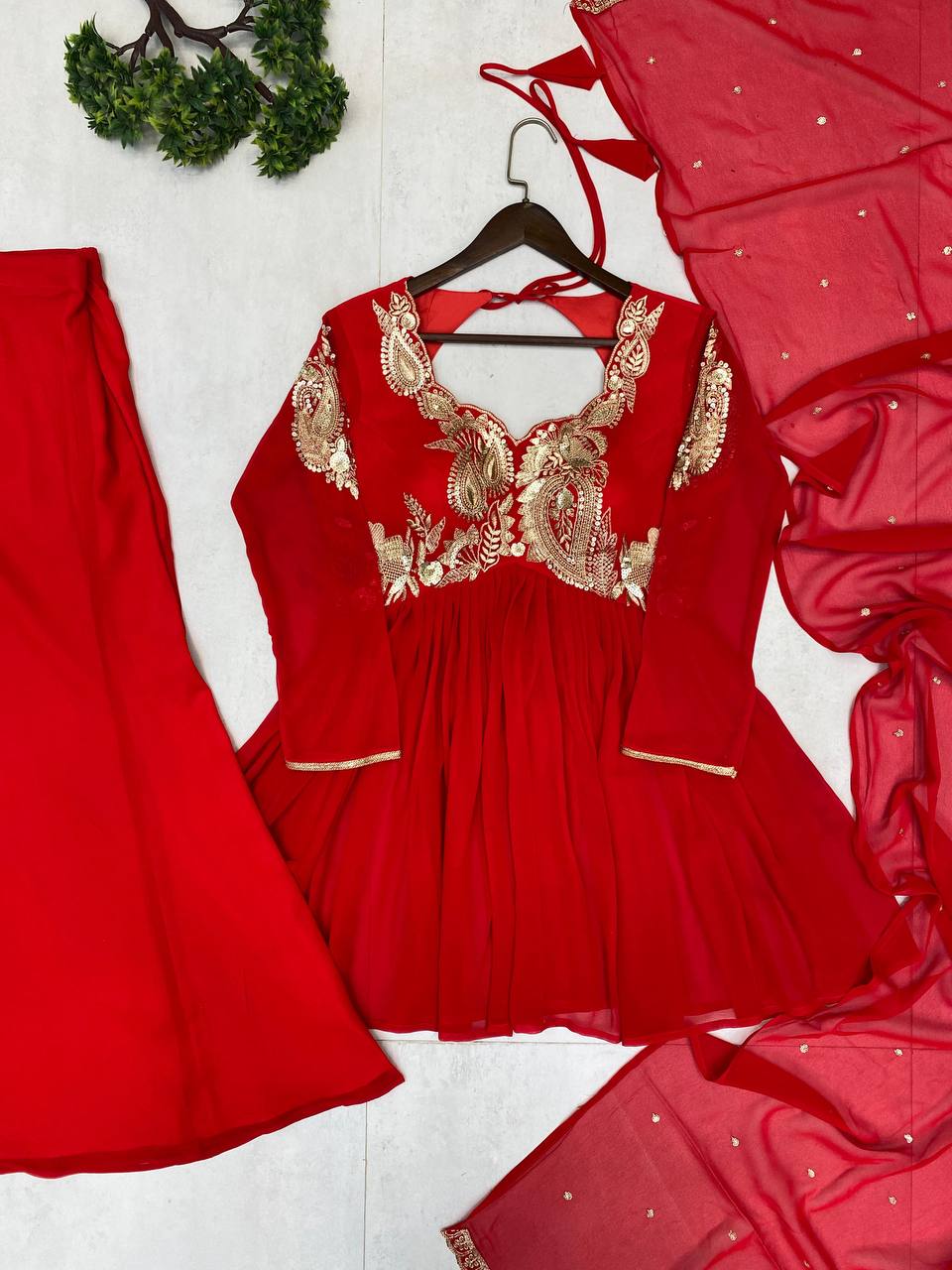 Red Color Georgette Ready To Wear Top Plazzo Suit