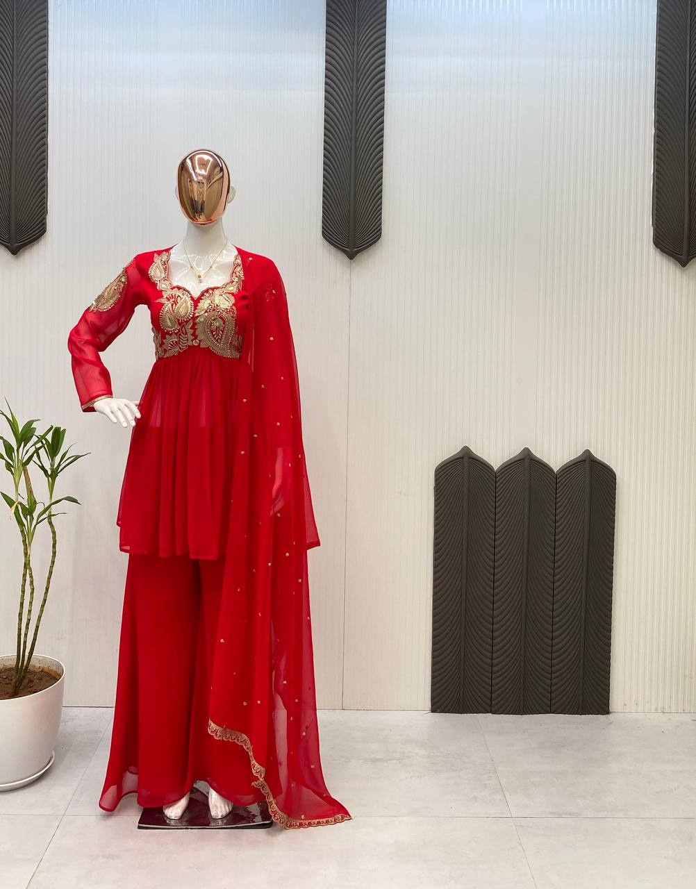 Red Color Georgette Ready To Wear Top Plazzo Suit