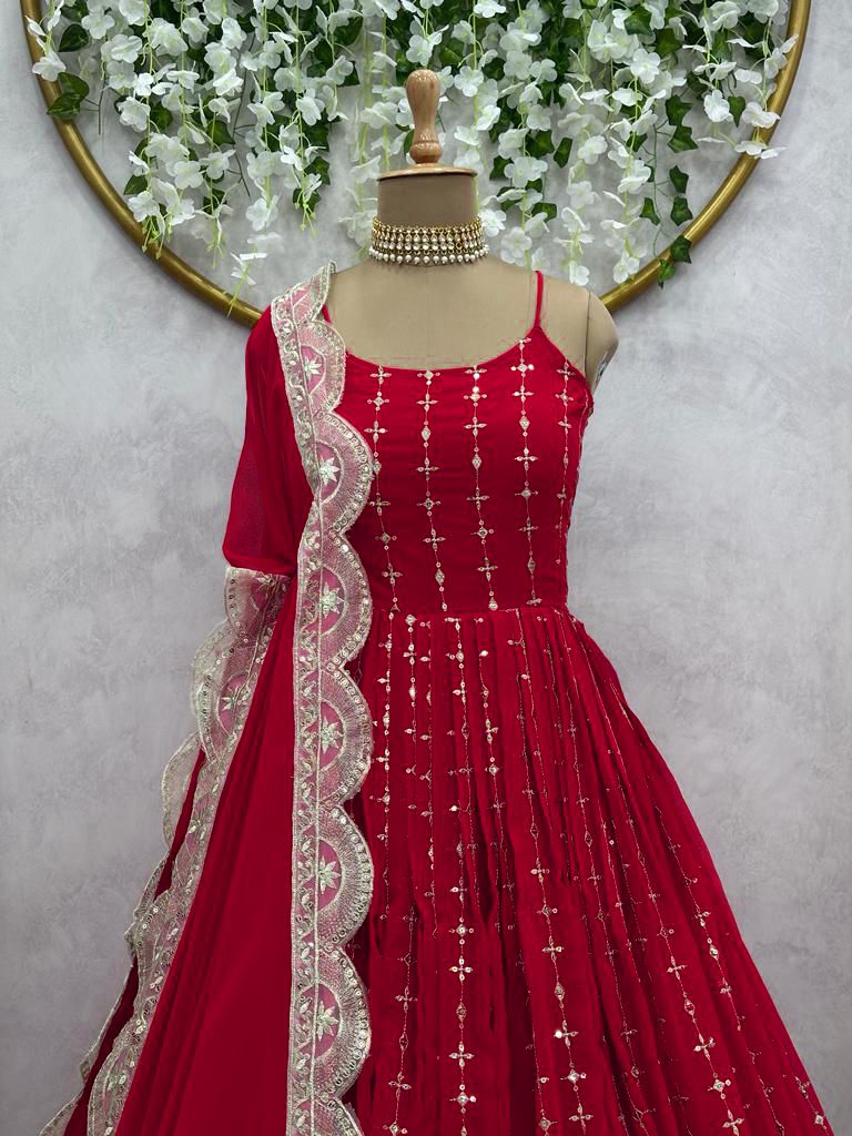 Party Wear Red Georgette Full Stitched Gown