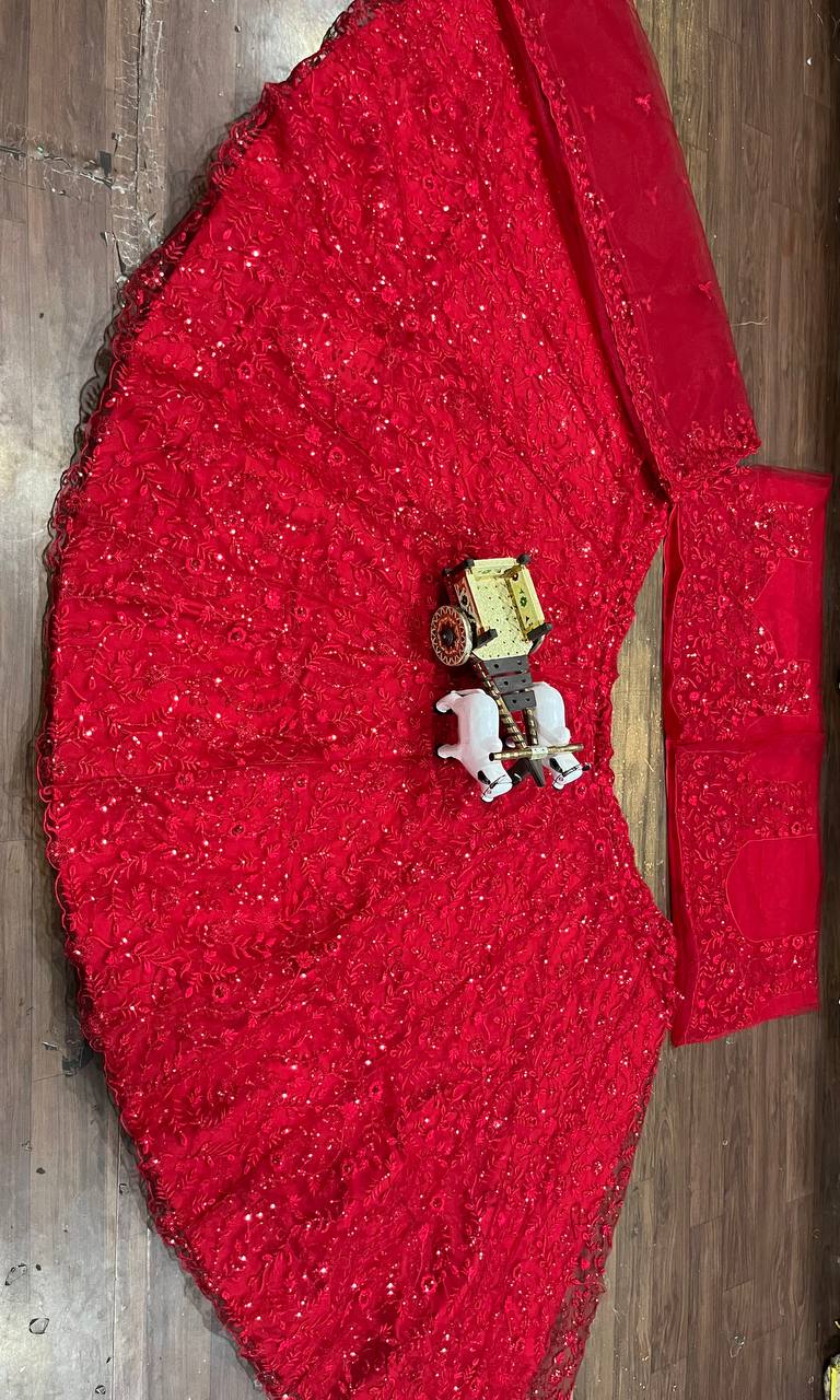 Red Color Net Semi Stitched Lehenga Choli