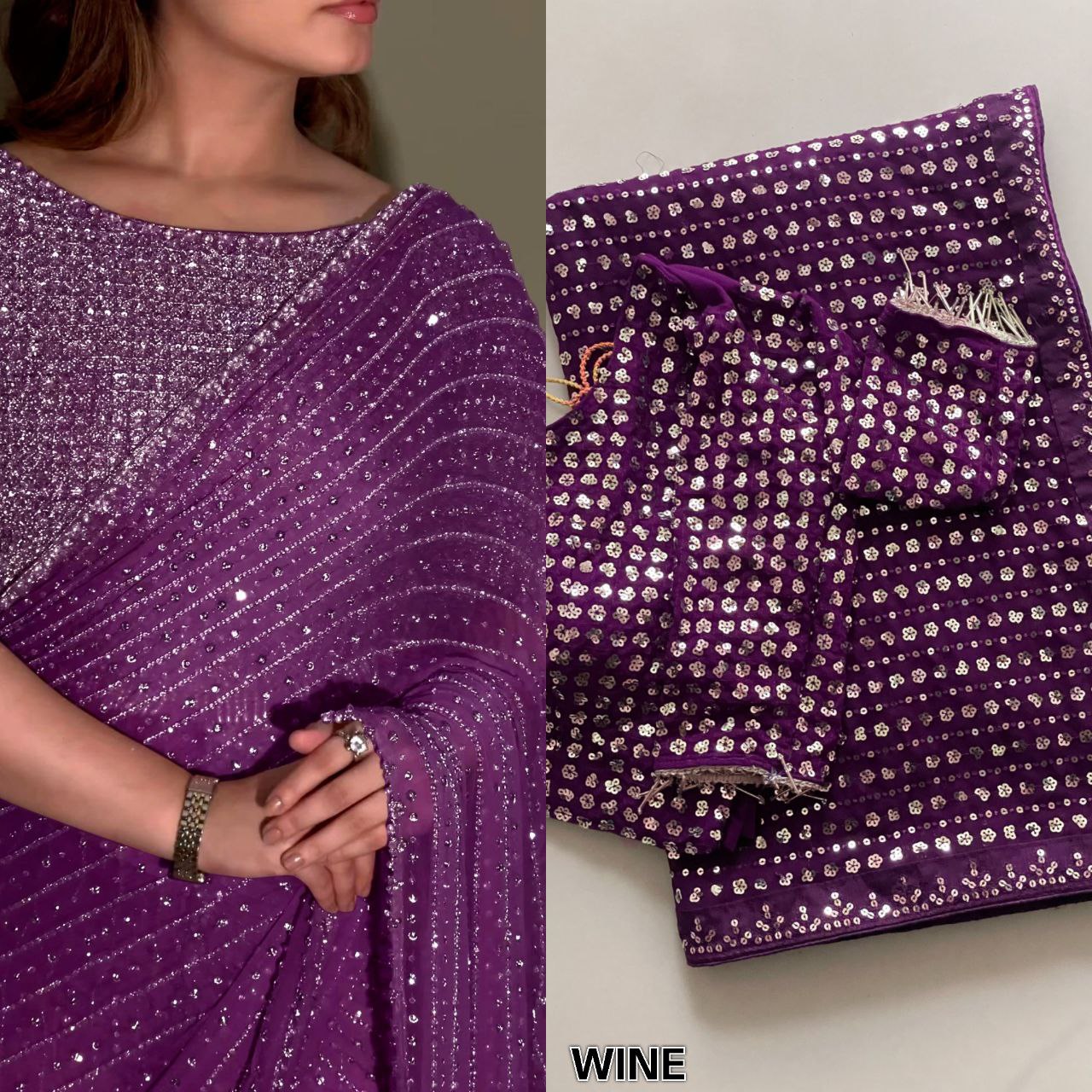 Party Wear Georgette Saree With Heavy Sequins Embroidery