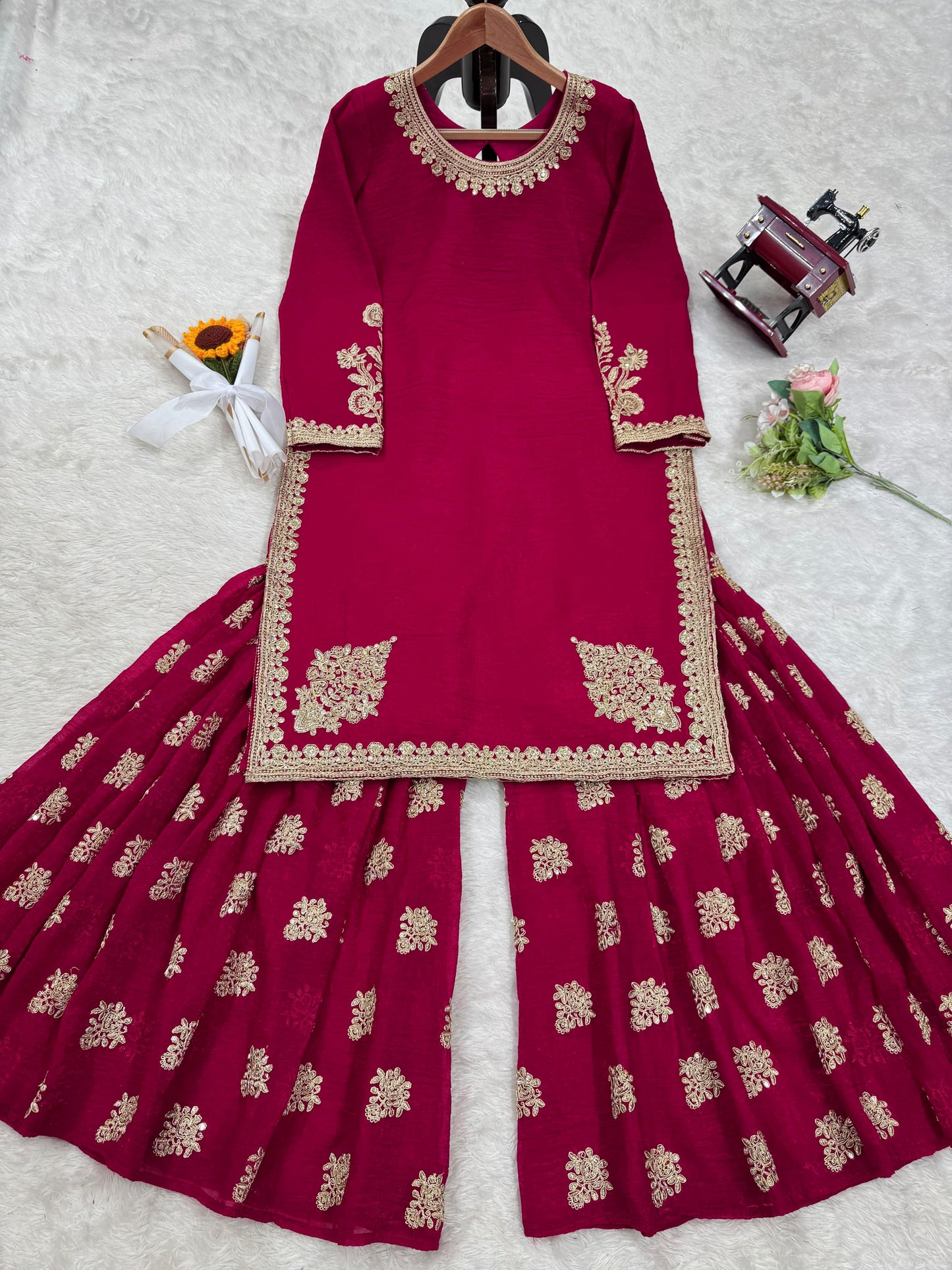 Rani Pink Silk Coding & Sequence Work Sharara Suit