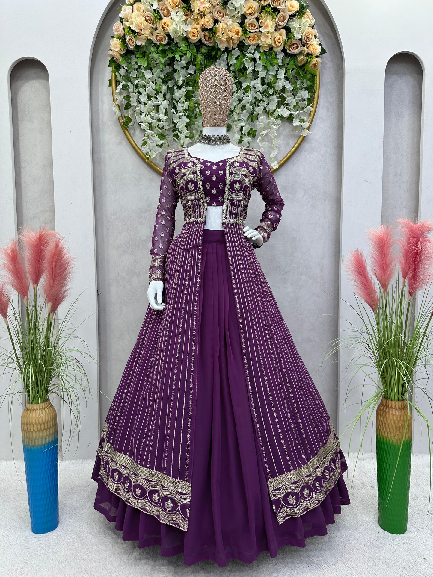 Shrug Style Georgette Embroidered Work Lehenga Choli