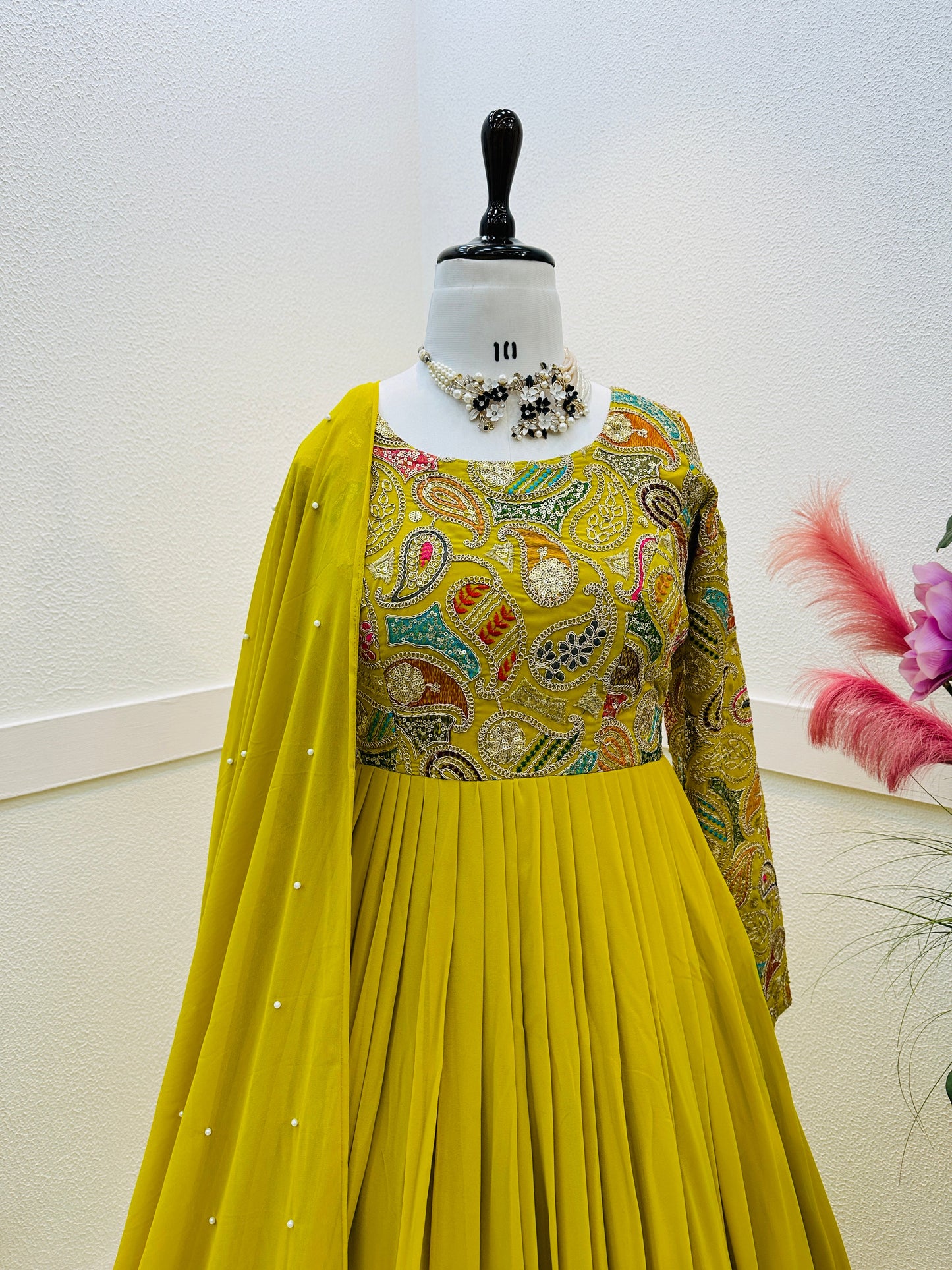 Wedding Wear Georgette Mehndi Green Full Stitched Gown