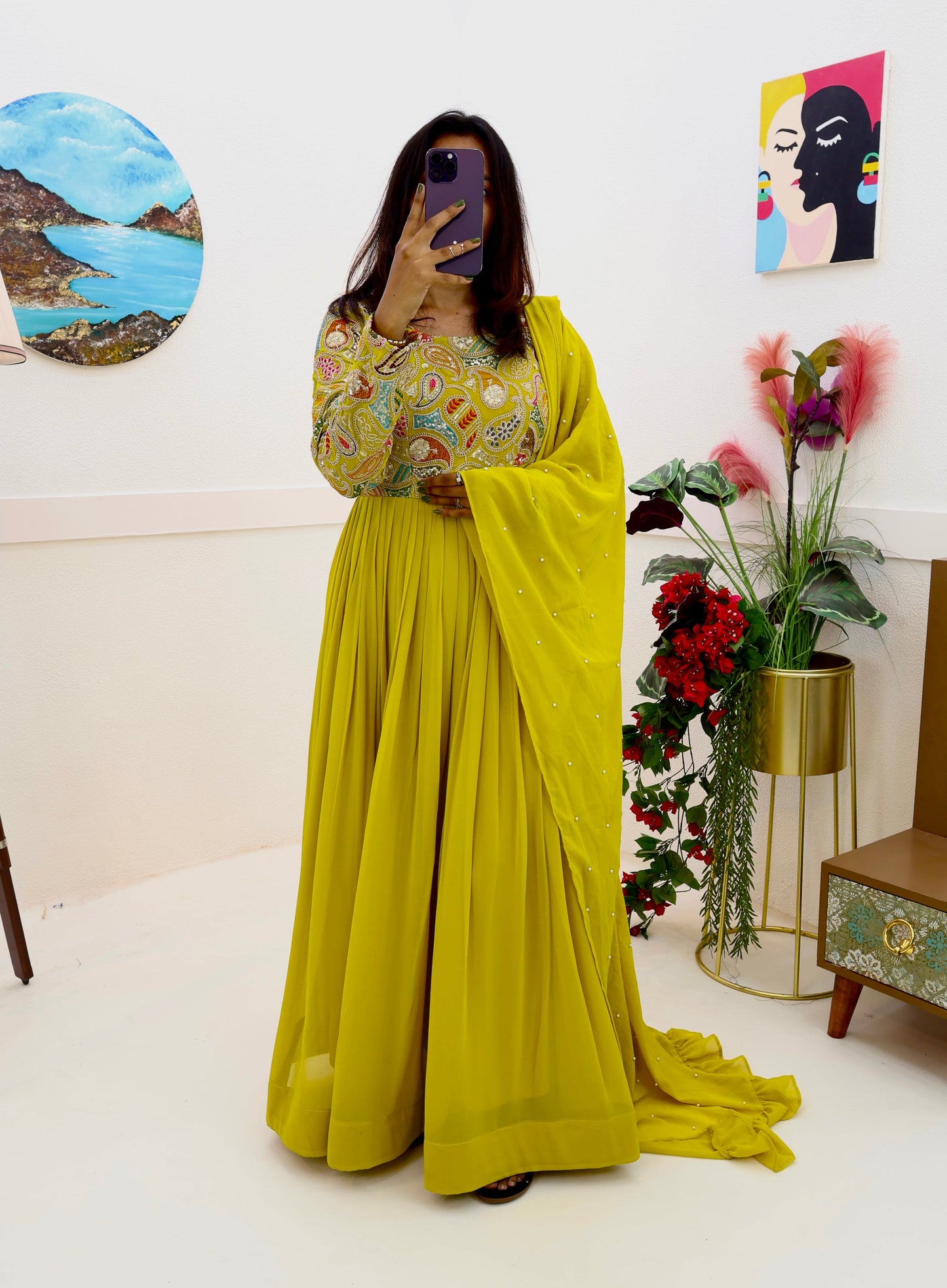 Wedding Wear Georgette Mehndi Green Full Stitched Gown
