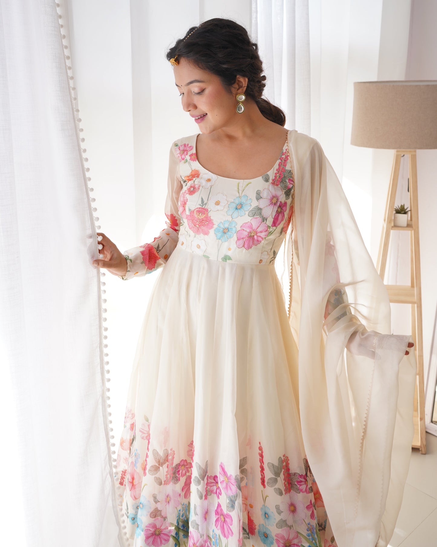 Ivory Soft Organza Silk Printed Anarkali Gown Set Pant Dupatta