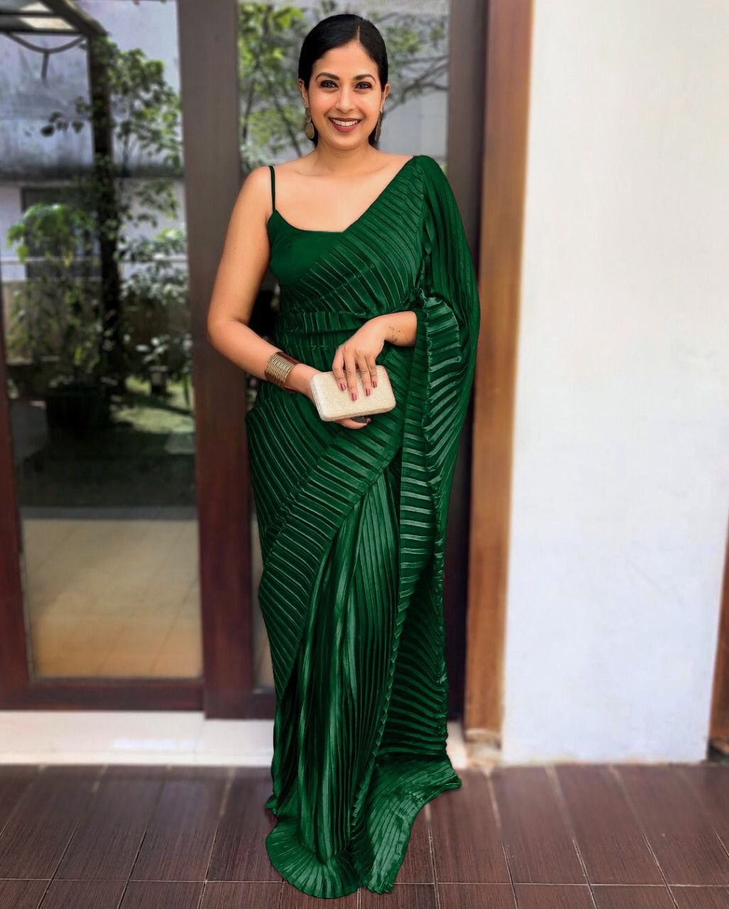 Party Wear Satin Silk All Over Plated Crizing Saree Blouse For Women