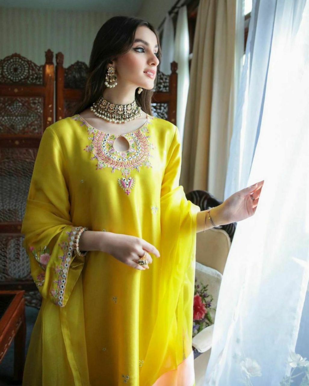 Artistic Straight Cut Lemon Yellow Georgette Semi Stitched Suit