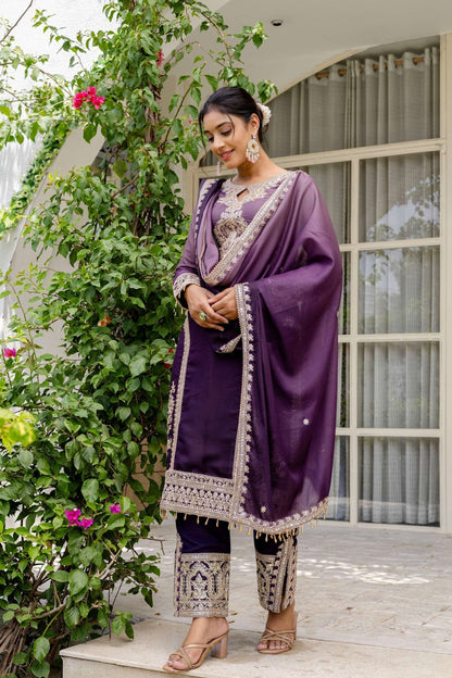 Awesome Plum Purple pedding Embroidery Sequence Work Festival Wear Pant Suit