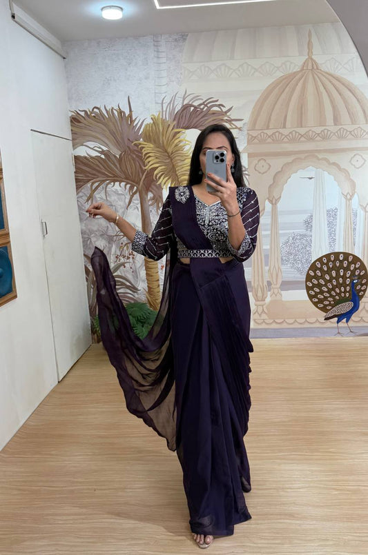 Ready to Wear 1 Min Dark Wine Silk Saree With Stitched Blouse