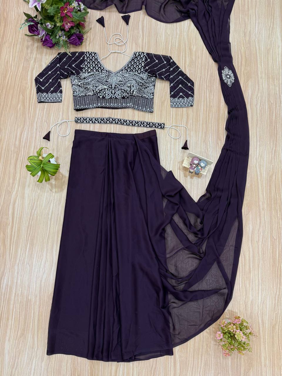 Ready to Wear 1 Min Dark Wine Silk Saree With Stitched Blouse