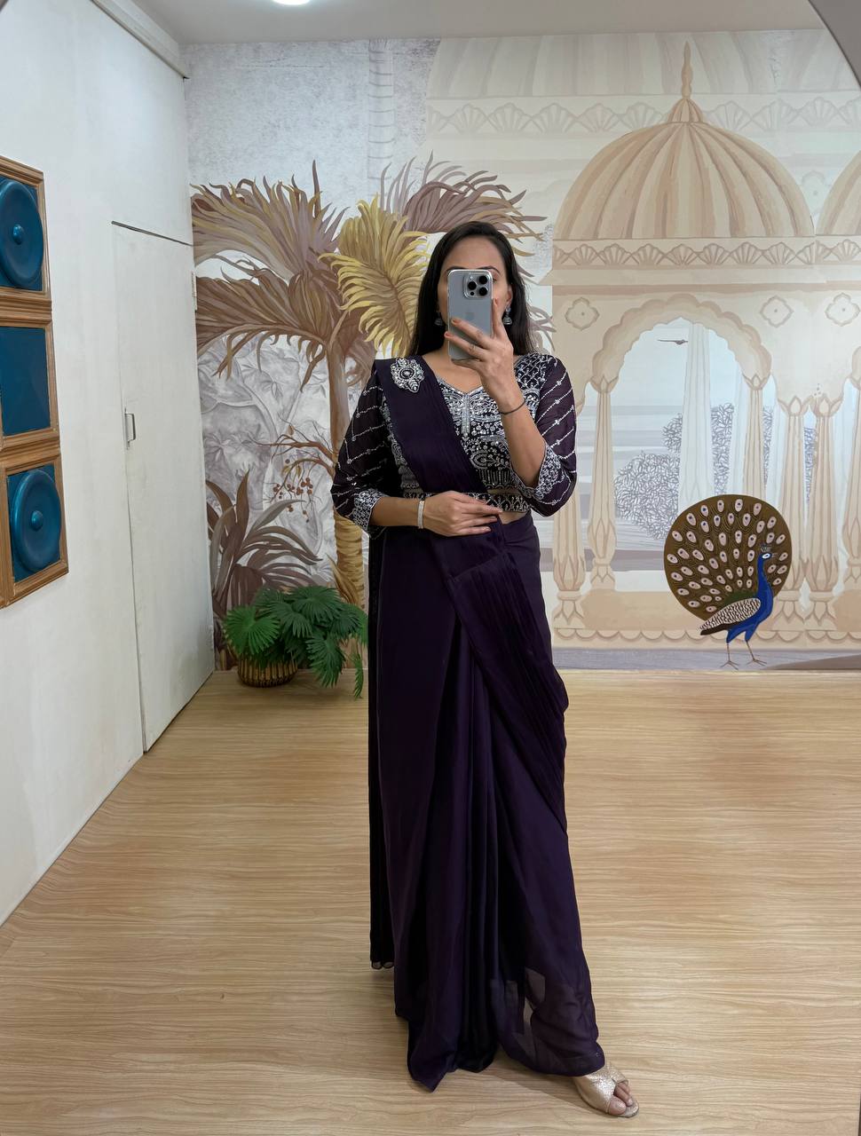 Ready to Wear 1 Min Dark Wine Silk Saree With Stitched Blouse
