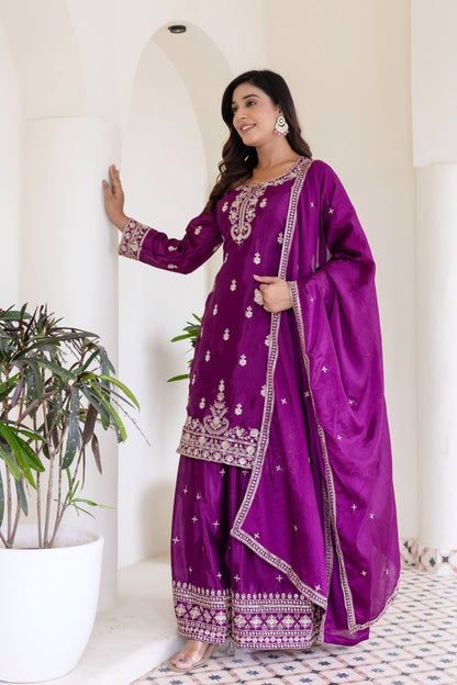 Plum Purple Embriodered Sequence Designer Traditional Wear Salwar Suit With Dupatta