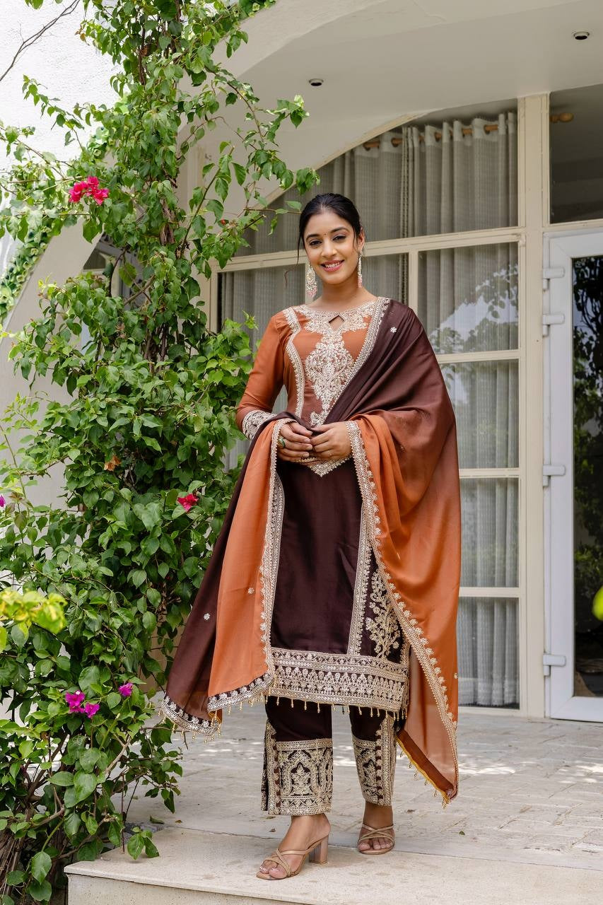 Alluring Coffe Brown pedding Embroidery Sequence Work Festival Wear Pant Suit