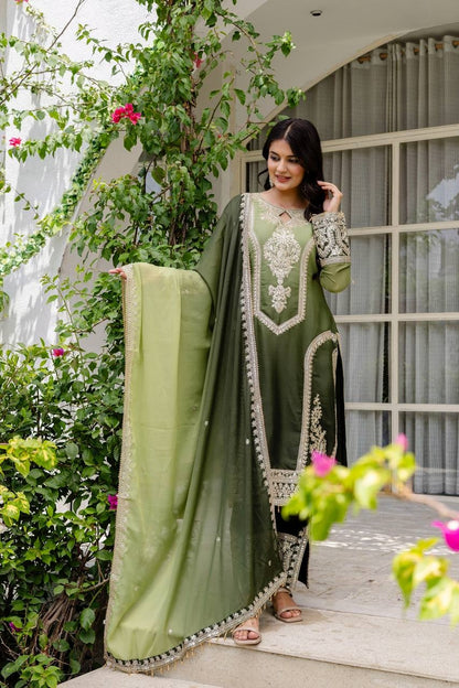 Incredible Olive green pedding Embroidery Sequence Work Festival Wear Pant Suit