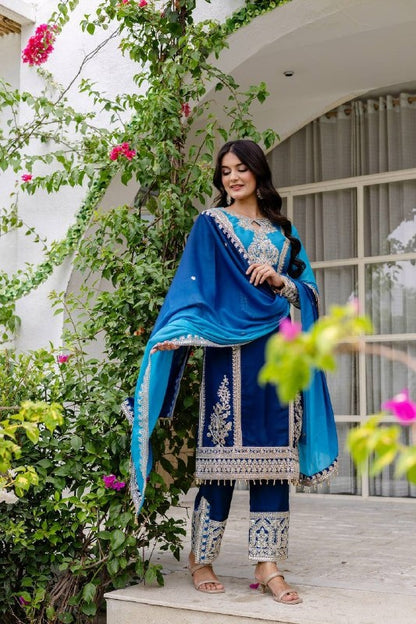 Awesome Royal Blue pedding Embroidery Sequence Work Festival Wear Pant Suit