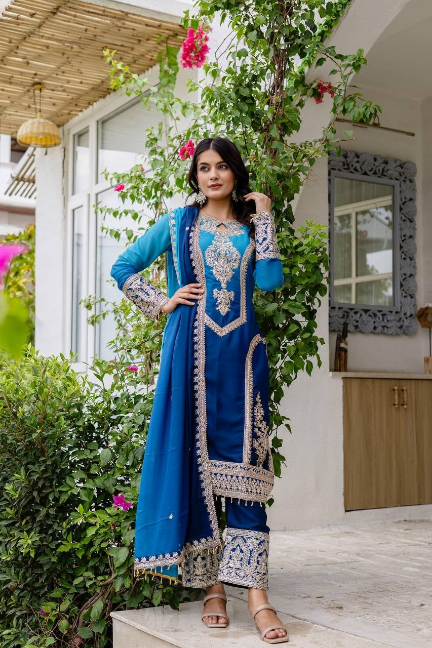 Awesome Royal Blue pedding Embroidery Sequence Work Festival Wear Pant Suit