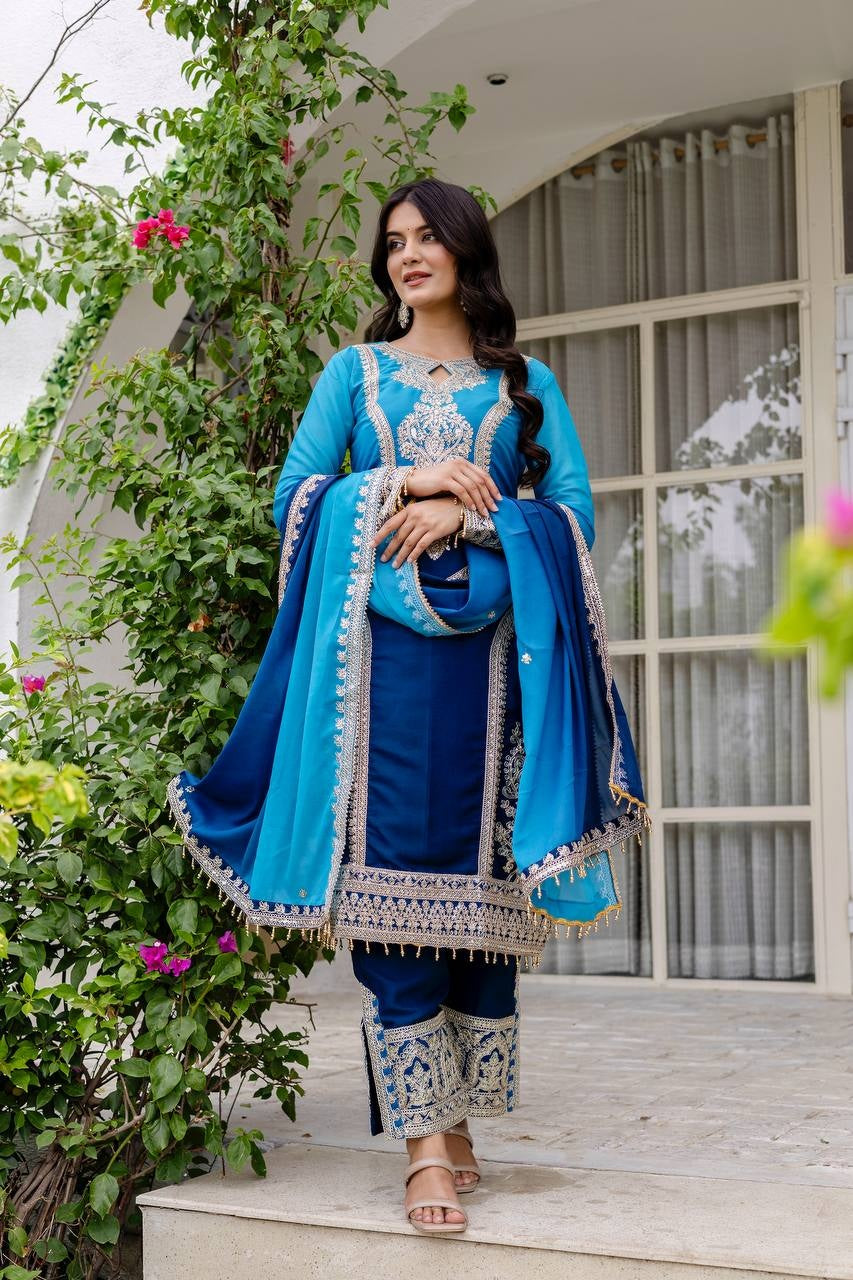 Awesome Royal Blue pedding Embroidery Sequence Work Festival Wear Pant Suit