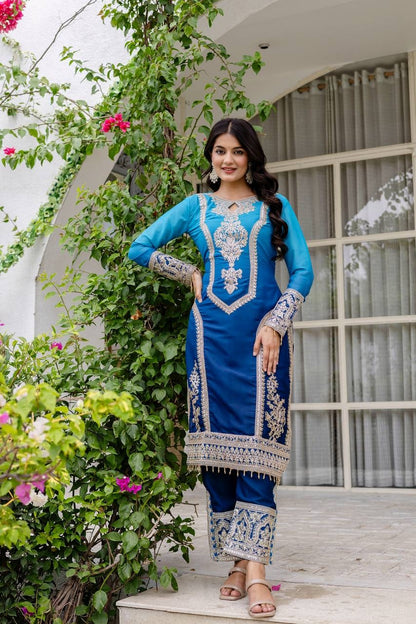 Awesome Royal Blue pedding Embroidery Sequence Work Festival Wear Pant Suit